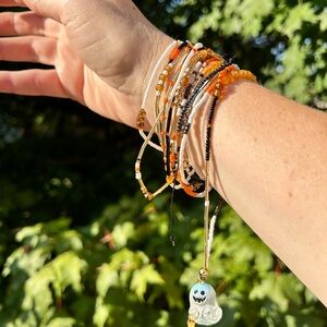 Halloween necklace black/golden/orange/white beads either glass goast pendant